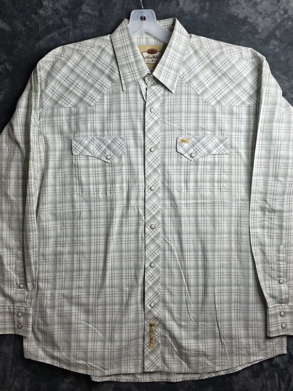 Larry Mahan White and Light Gray Plaid Western Pearl Snap Shirt Mens XL